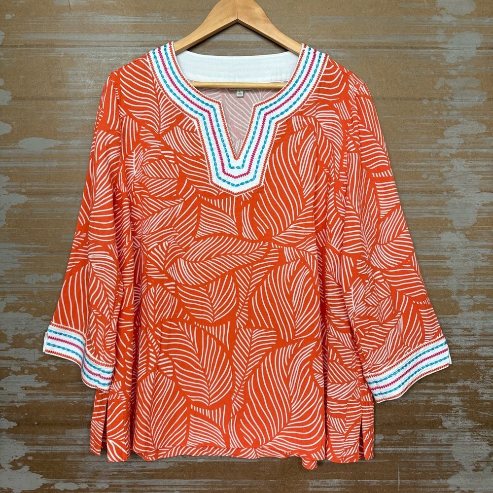 John Mark Leaf Floral Motif Blouse Preppy Beachy Vacation Boho Womens L